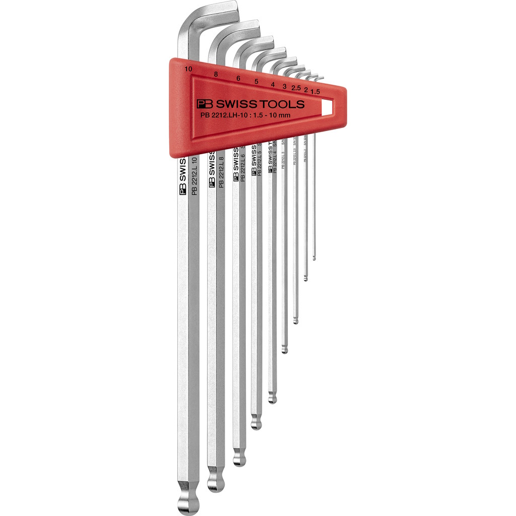 PB Swiss Tools 2212.LH-10 Inbussleutelset met kogelkop en korte stift, lang, 100 hoek, 1,5 tot 10 mm