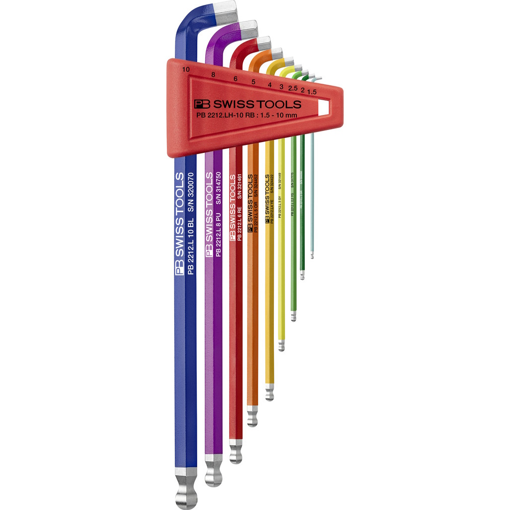 PB Swiss Tools 2212.LH-10 RB Rainbow inbussleutelset lang, kogelkop en korte stift 100, 1,5-10 mm