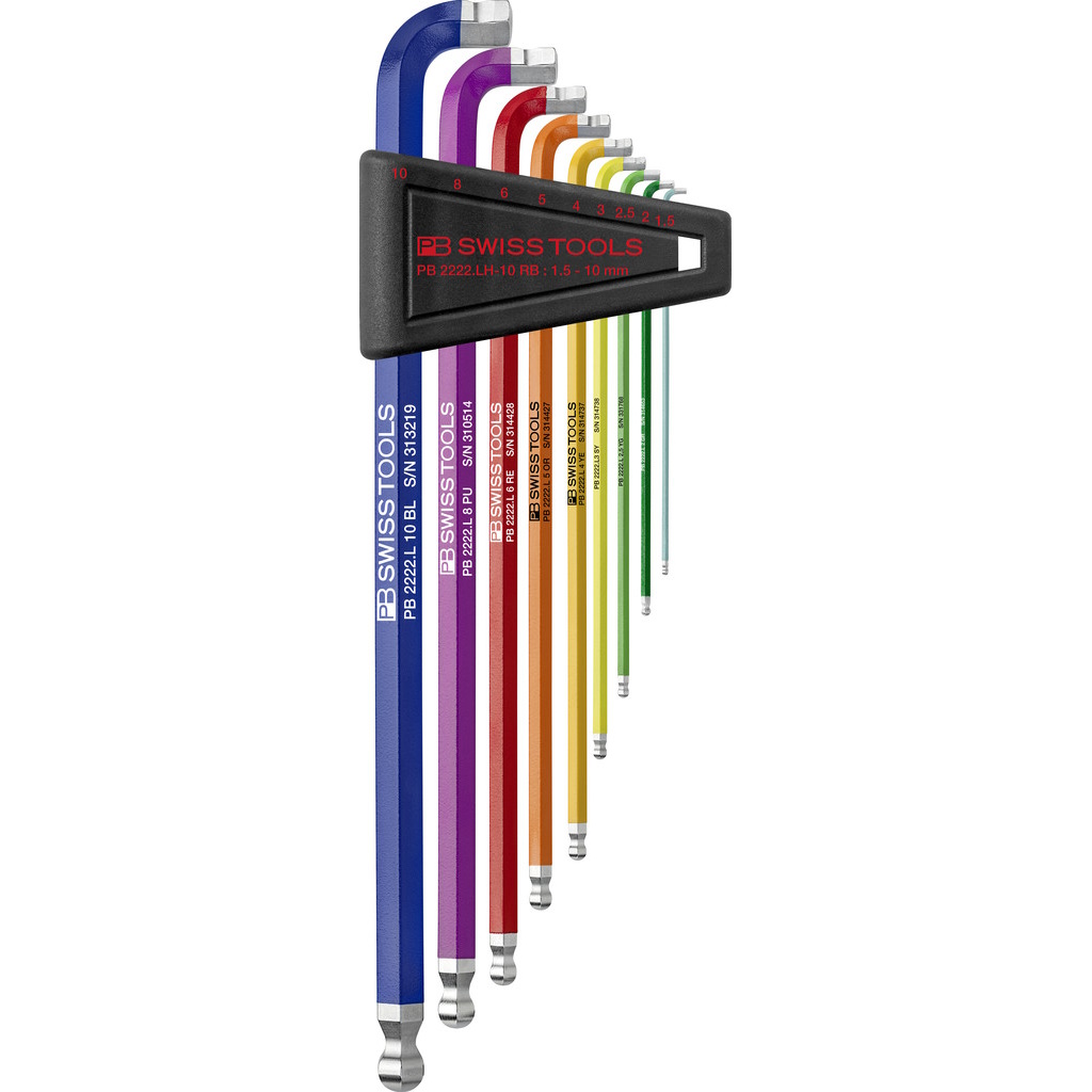 PB Swiss Tools 2222.LH-10 RB Rainbow inbussleutelset in houder, lang met kogelkop / 90-100 kop, 9-delig