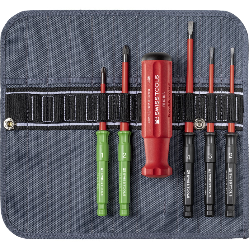 PB Swiss Tools 5215.SU Classic VDE Slim schroevendraaierset in roltas, zaagsnede/Pozidriv